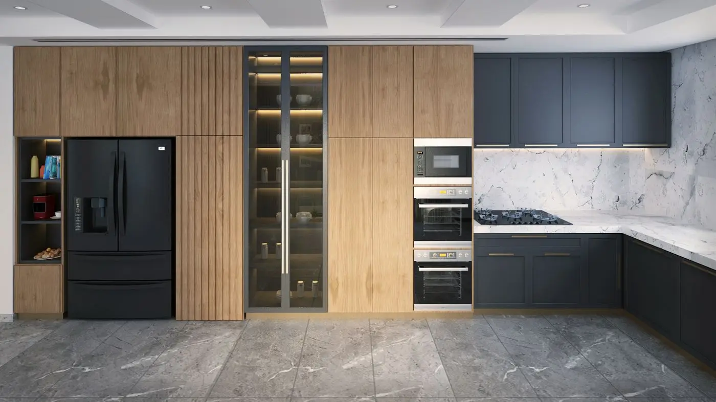 Cocina a medida con muebles de madera y frentes oscuros